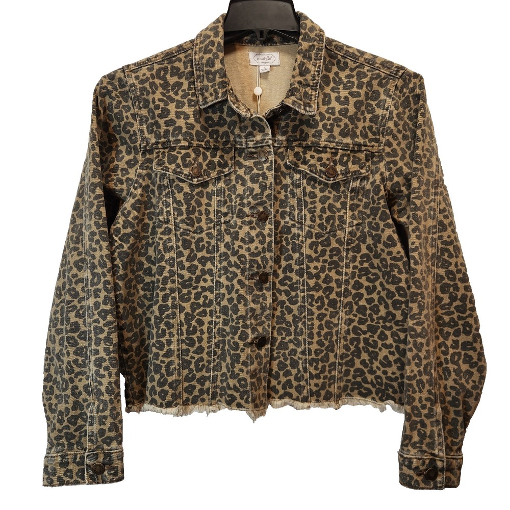 Mud Pie Women`s Size L Leopard Print Cotton Denim Cropp Jacket Brown Fringe Hem